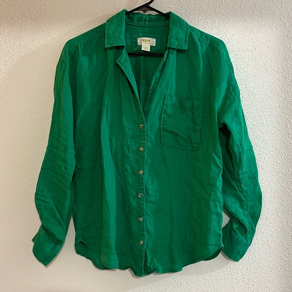 Maeve Anthropologie 100% Linen Green Button Down